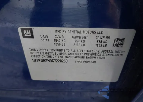 2012 Chevrolet Cruze Ls from USA, damaged, VIN 1G1PD5SH9C7220258